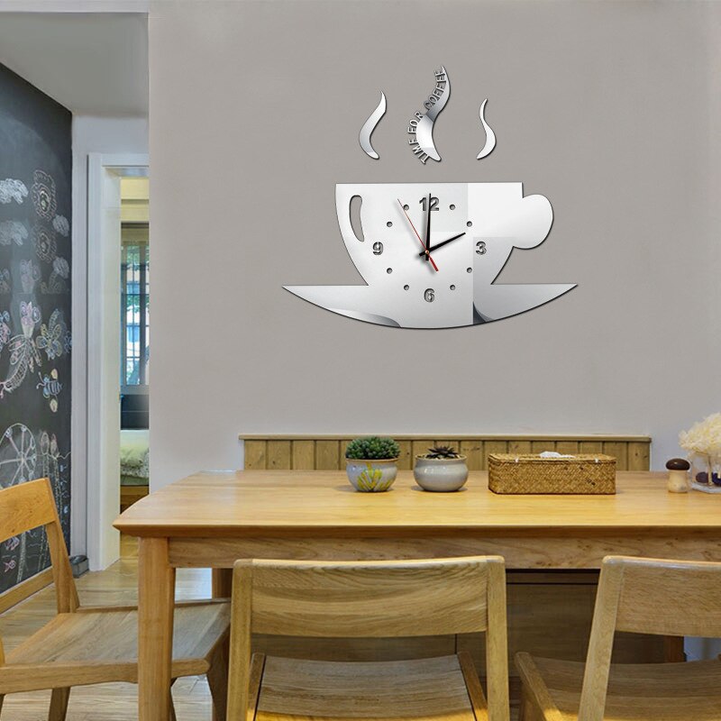 Large Wall Clock 3D Coffee Cup DIY Silent Wall Sticker Clock Wall Clocks Decor Adhesive Acrylic Room Living Mirror Home Self
