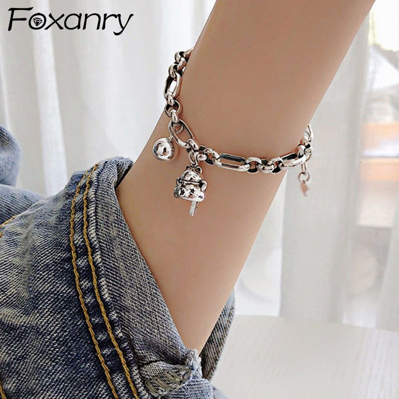 Foxanry-Bracelet en argent Sterling 925 pour femmes, bijoux chats chanceux, chaîne épaisse, Vintage, bijoux d'anniversaire, nouvelle