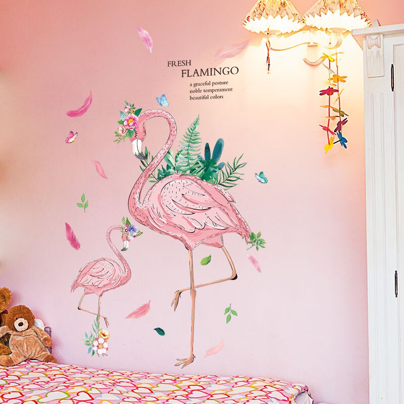 [shijuekongjian] Romantic Flamingo Wall Stickers DIY Cartoon Animals Wall Decals for House Kids Rooms Baby Bedroom Decoration