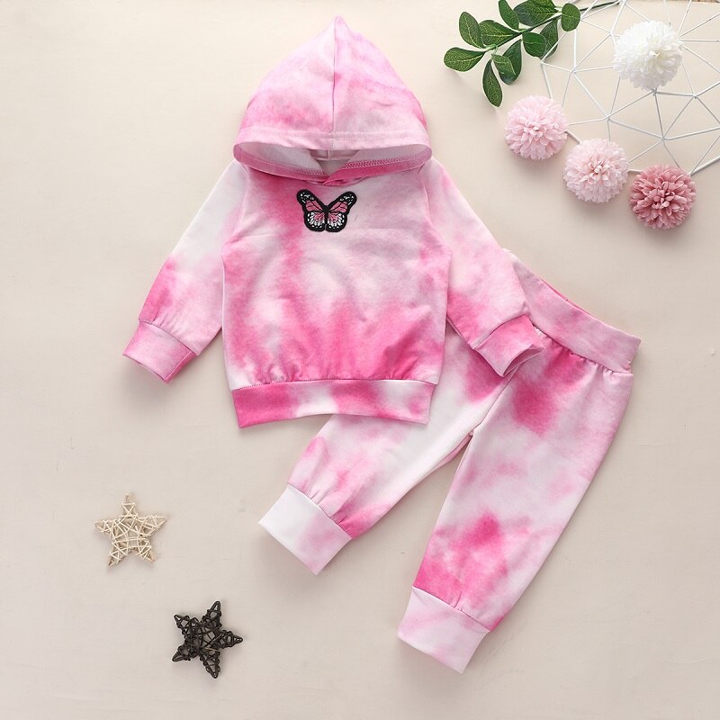 Ensemble 2 pièces pour bébés filles, vêtements à la pour l'automne, broderie papillon avec teinture à manches longues, sweat-shirt + pantalon pour bébés