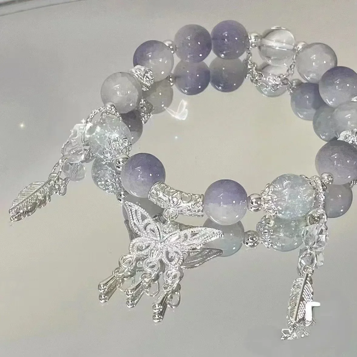 Pulsera de cuentas con colgante de mariposa y flores de cristal rosa coreano para mujer, pulseras de cadena de cuentas dulces, de joyería para novia: Cobalto violeta