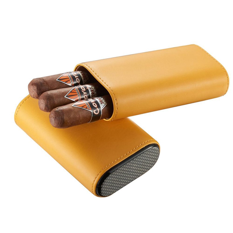 Boîte à cigares en cuir jaune 3ct | Étui à cigares avec fond en Fiber de carbone, mallette de rangement de couleur unie, poche adaptée à Mini boîte à cigares de voyage