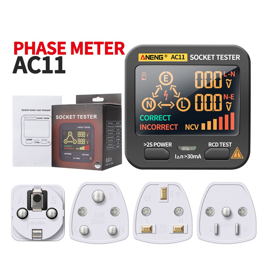 ANENG AC11 Socket Tester Electric Leakage Detector LCD Ground Zero Line Live Wire Phase Electroscope RCD NCV Electric Tester
