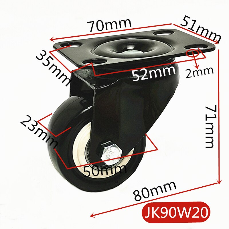 2 stk / parti 2 tommer 50mm bæreevne 100kg sorte løbehjul hjul hjul gummi drejelige hjul til kontorstol sofa platform: Jk90 w 20 x 2 stk