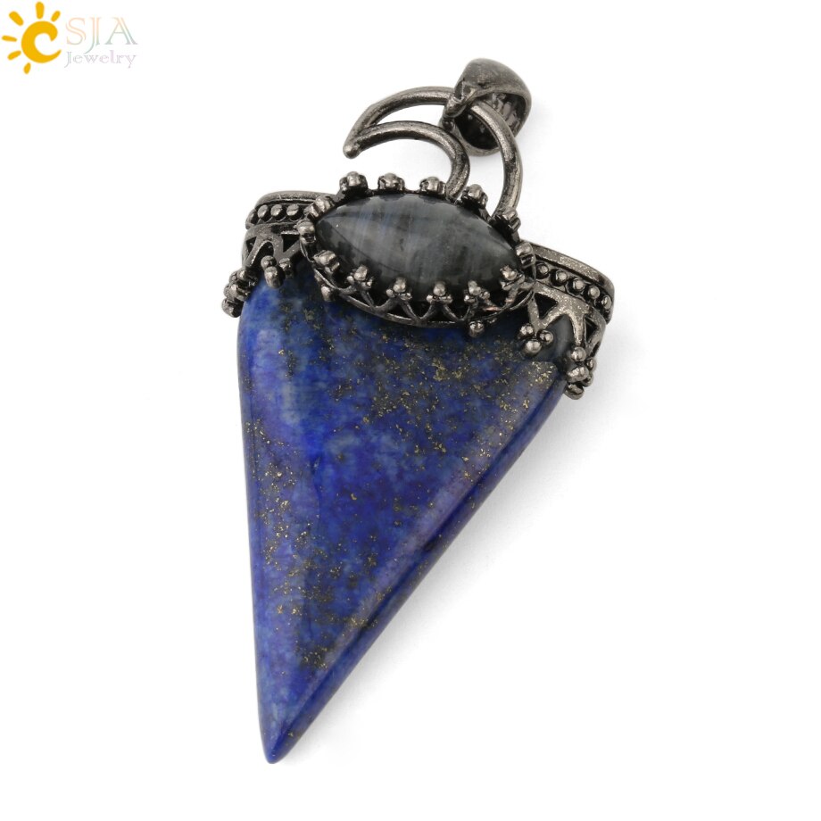 CSJA Natural Stone Triangle Pendant Necklace Antique Silver-color Crown Moon Labradorite Geometric Women Men Trendy Jewelry G324: Lapis Lazuli