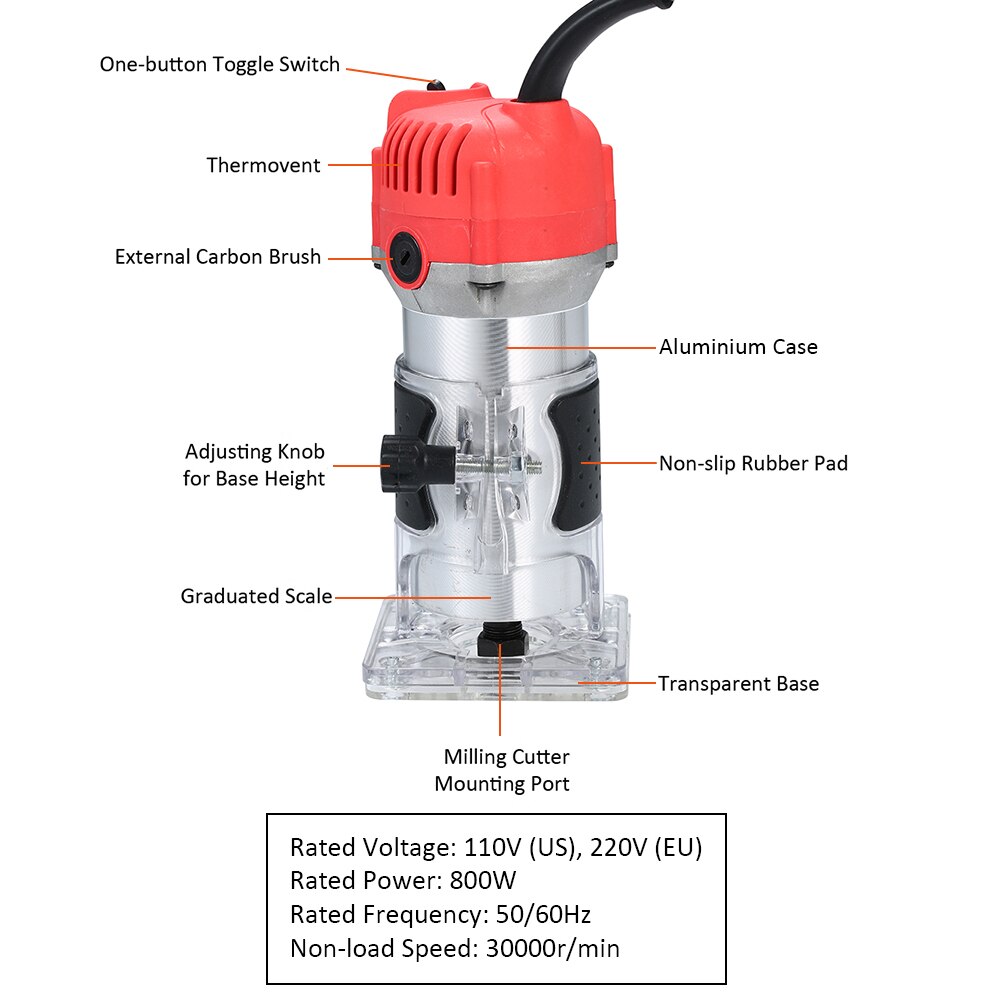 800W Woodworking Electric Trimmer Machine Wood Milling Engraving Slotting Trimming Machine Engraving Carving Router Wood Tool