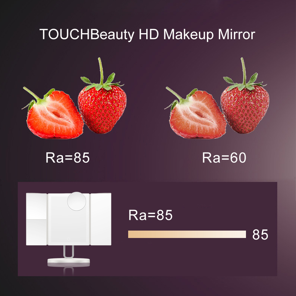 TOUCHBeauty espejo de maquillaje, 1X 2X 3X 7X espejos de aumento, espejo de tocador con interruptor de atenuación táctil, 34 luces LED espejo de triple pliegue