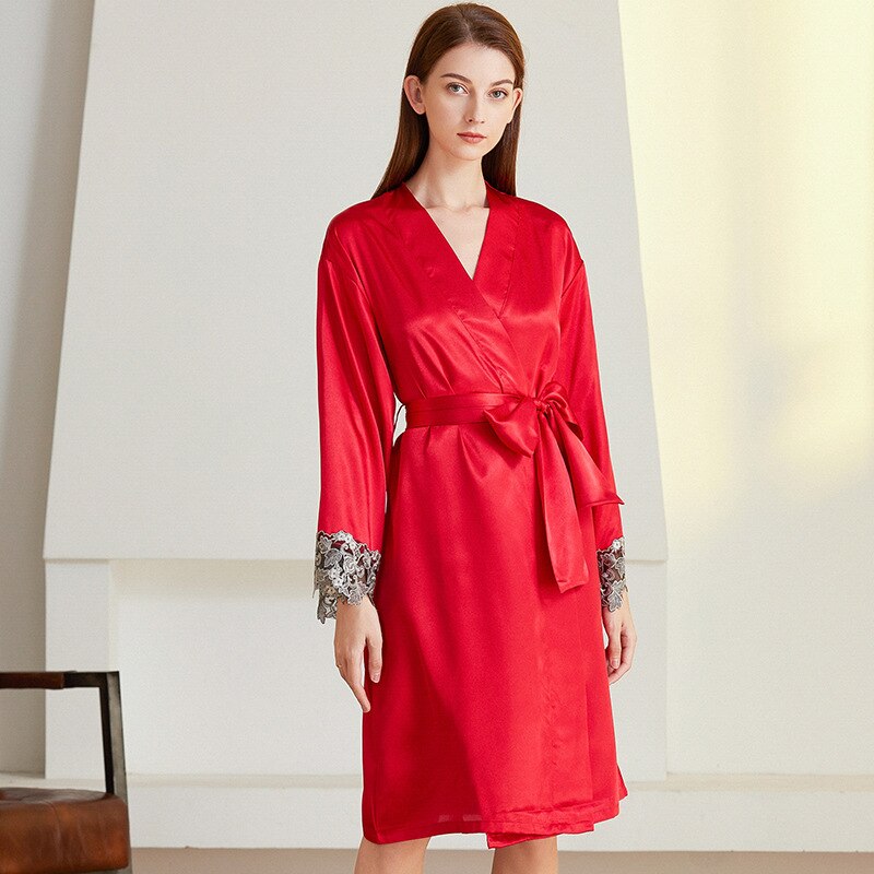 Camisón de manga larga con decoración de encaje para mujer, bata de baño Sexy con cordones, ropa de seda de Color rosa para el hogar, novedad: Rojo / M