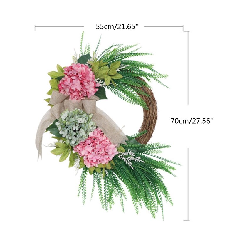 Artificial Hydrangea Ferns Leaves Wreath with Bowknot for Front Door Outdoor Spring Simulation Flower Garland Decor