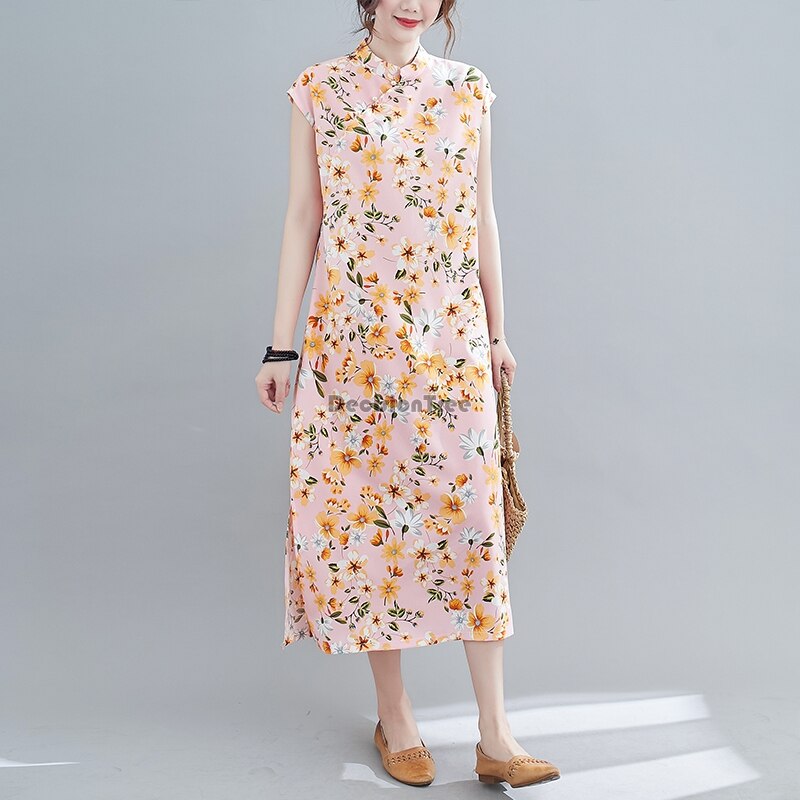 Vrouwen Dagelijks Qipao Linnen Cheongsam Bloem Print Moden Dagelijks Qipao Jurk Elegante Partij Dans Kostuum Cheongsam Jurk: color1 / M