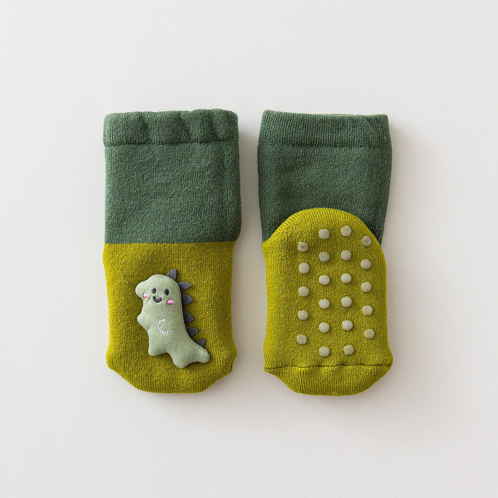 Cartoon Dinosaur calzini per bambini inverno caldo ragazza ragazzo calzini da pavimento bambola carina antiscivolo bambino calzino corto: green long