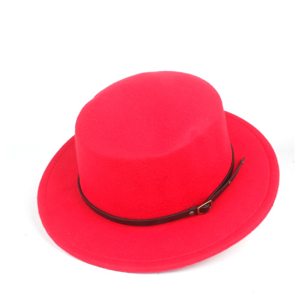 Men Women Flat Top Hat Winter Casual Hat Wool Trilby Fedora Hat Wide Brim Hat Size 56-58CM: Red