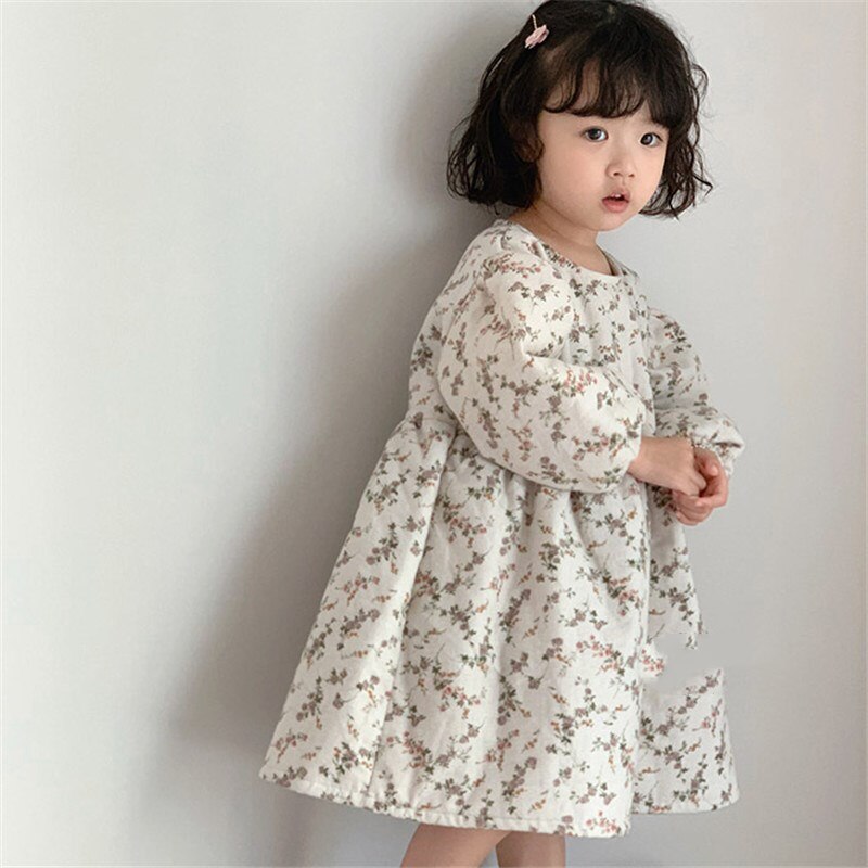 Herfst Koreaanse Baby Meisjes Kleding Bloemenprint Little Sisiter Bodysuits Grote Zus Jurk Katoenen Meisjes Jurk Retro Baby Bodysuit: Apricot Dress / 12m