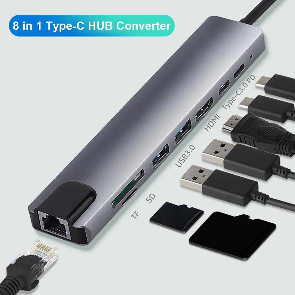 8 In 1 Type-C Hub Converter Splitter 4K Hdmi-Compatibel 2 USB3.0 Usb C Pd Sd/Tf Kaartlezer RJ45 Adapter Voor Laptop Pc