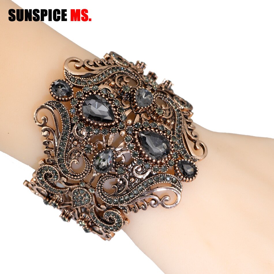 SUNSPICE-Frau retro Jahrgang Indische Breit Blume Armreif Manschette Frauen Antike Gold Farbe Frühling Armreifen Armbinde Türkische Hochzeit Schmuckstück