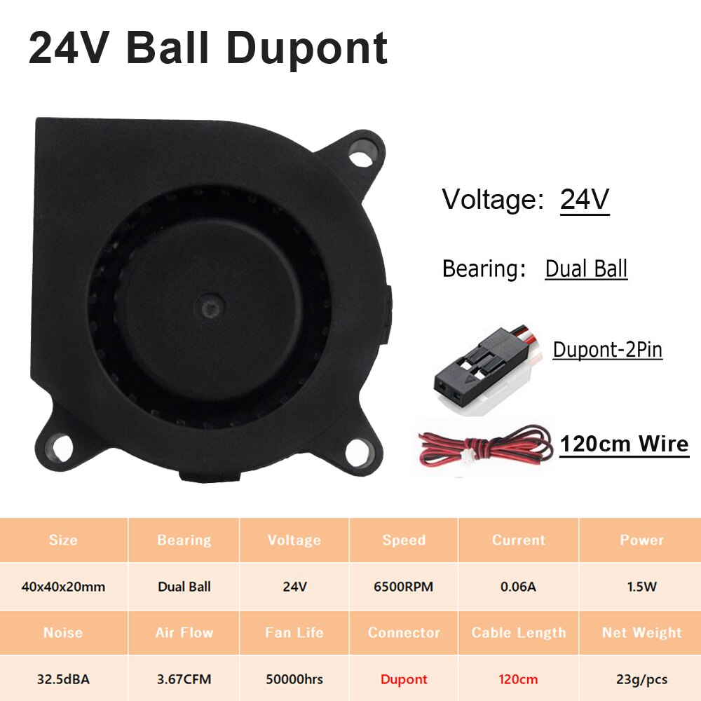 2PCS Gdstime 40mm 4020 3D Printer Cooling Blower Fan 5V 12V 24V 40x40x20mm 40*20MM 4cm Ball Bearing DC Turbo Blower Radial Fans: 24V Ball Dupont 1m