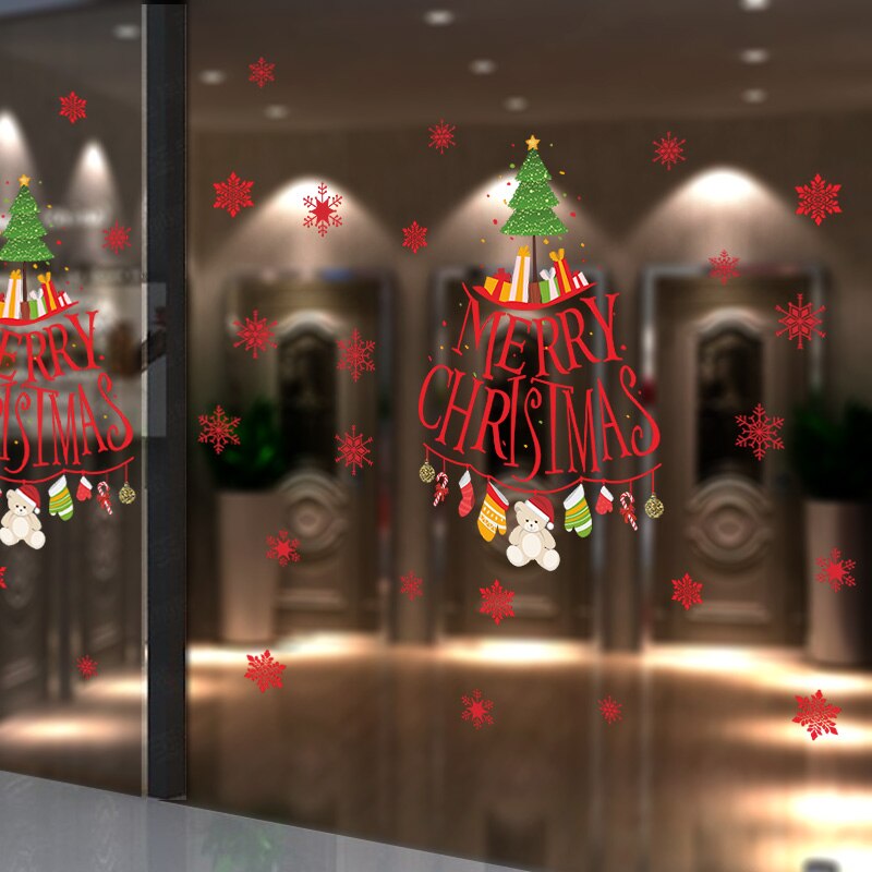 Vrolijke Kerstboom Etalage Glas Decoratie Muurstickers Voor Thuis Nieuwjaar Decor Levert Muurschilderingen Behang