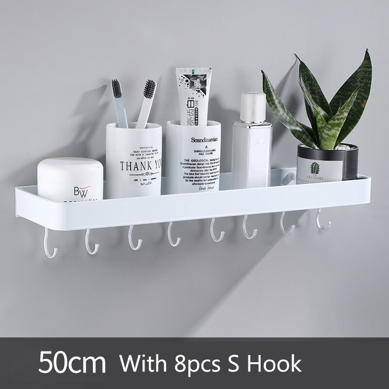 Witte Ruimte Aluminium Badkamer Planken Enkele Tier Rack Shampoo Plank Keuken Plank Badkamer Rack: 50cm with 8 hook