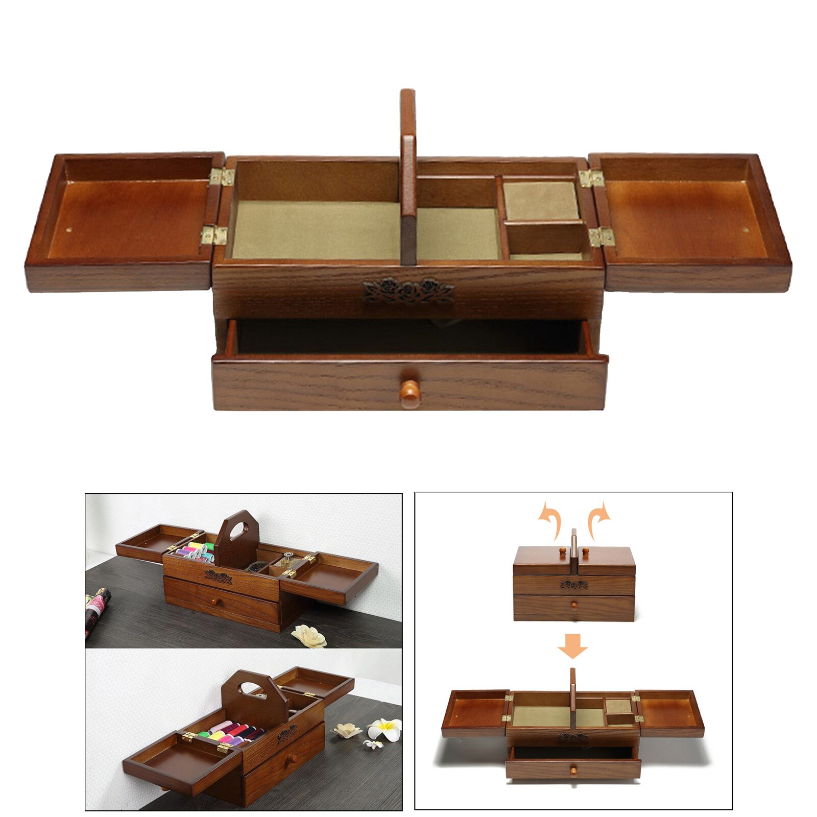 2 Tier Wooden Sewing Box Basket with Assroted Different Compartments, Vintage, Classic, Solid, and Tasteful