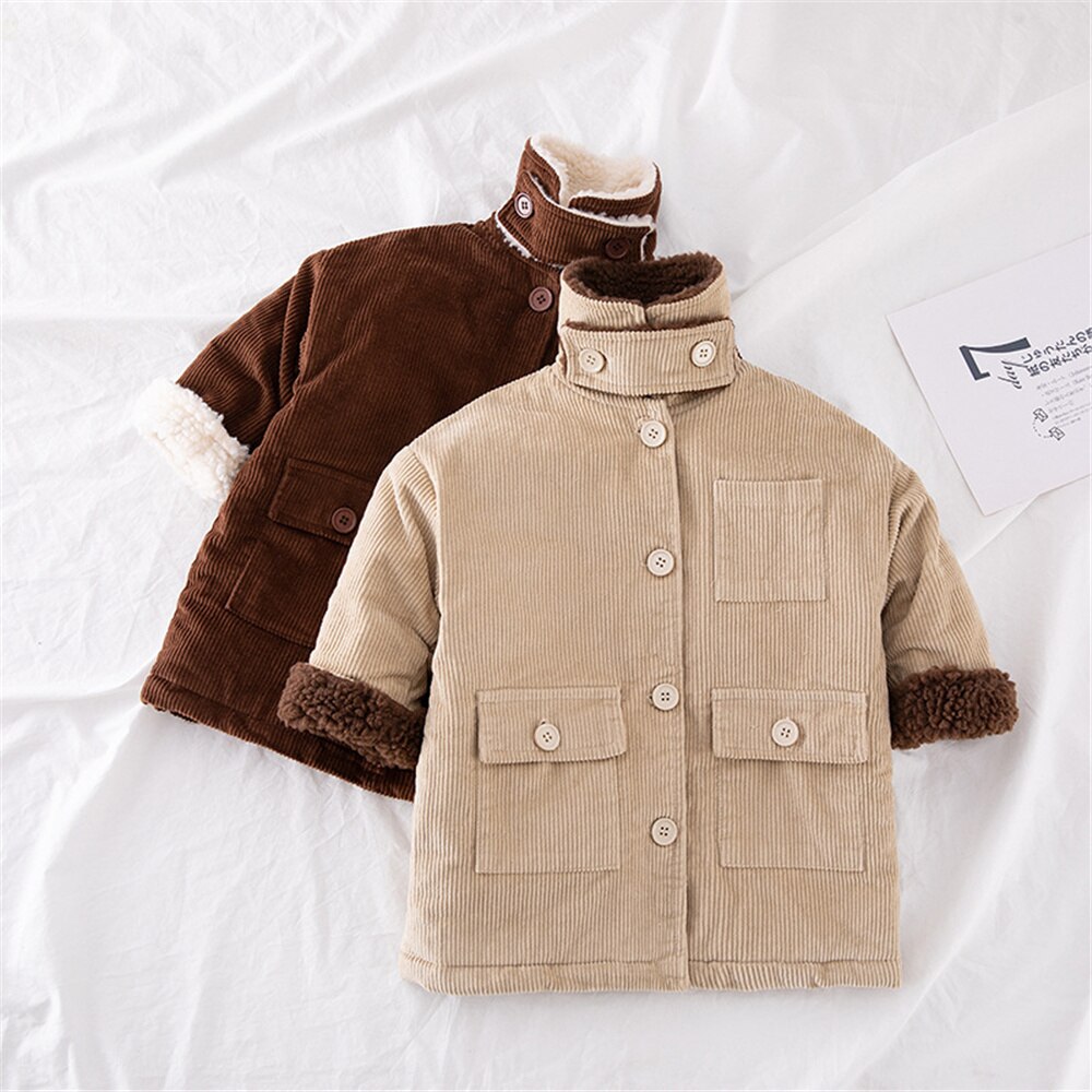 Koreaanse Stijl Winter Unisex Kinderen Dikke Corduroy Lange Stijl Jassen 2-6 Jaar Kinderen Innerlijke Berber Fleece Warm uitloper Jas