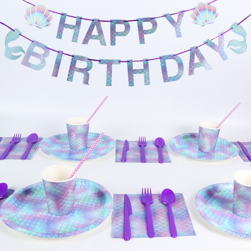 Tytön syntymäpäiväjuhlat kertakäyttöastiasto setti merenneitojuhlat paperipussit lautaset kuppi astiasto hääkoristelu 1st baby shower