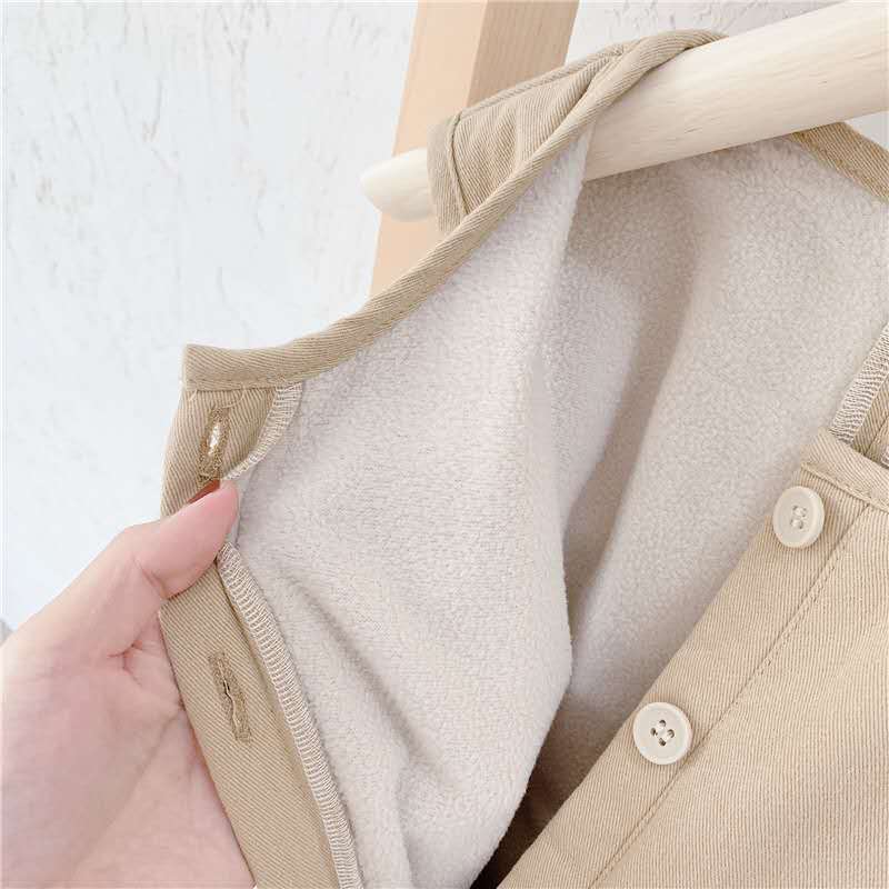 Herfst Winter Meisjes Lange Koreaanse Stijl Katoen Kinderen Jumpsuit Effen Kleur Pocket Enkele Breasted Ronde Hals Mouwloze Mode