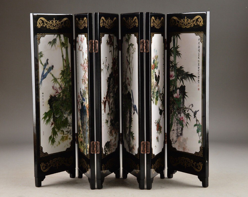 ( Mini ) Exquisite Chinese Handwork Lacquer Painting Bird Flower Folding Screen