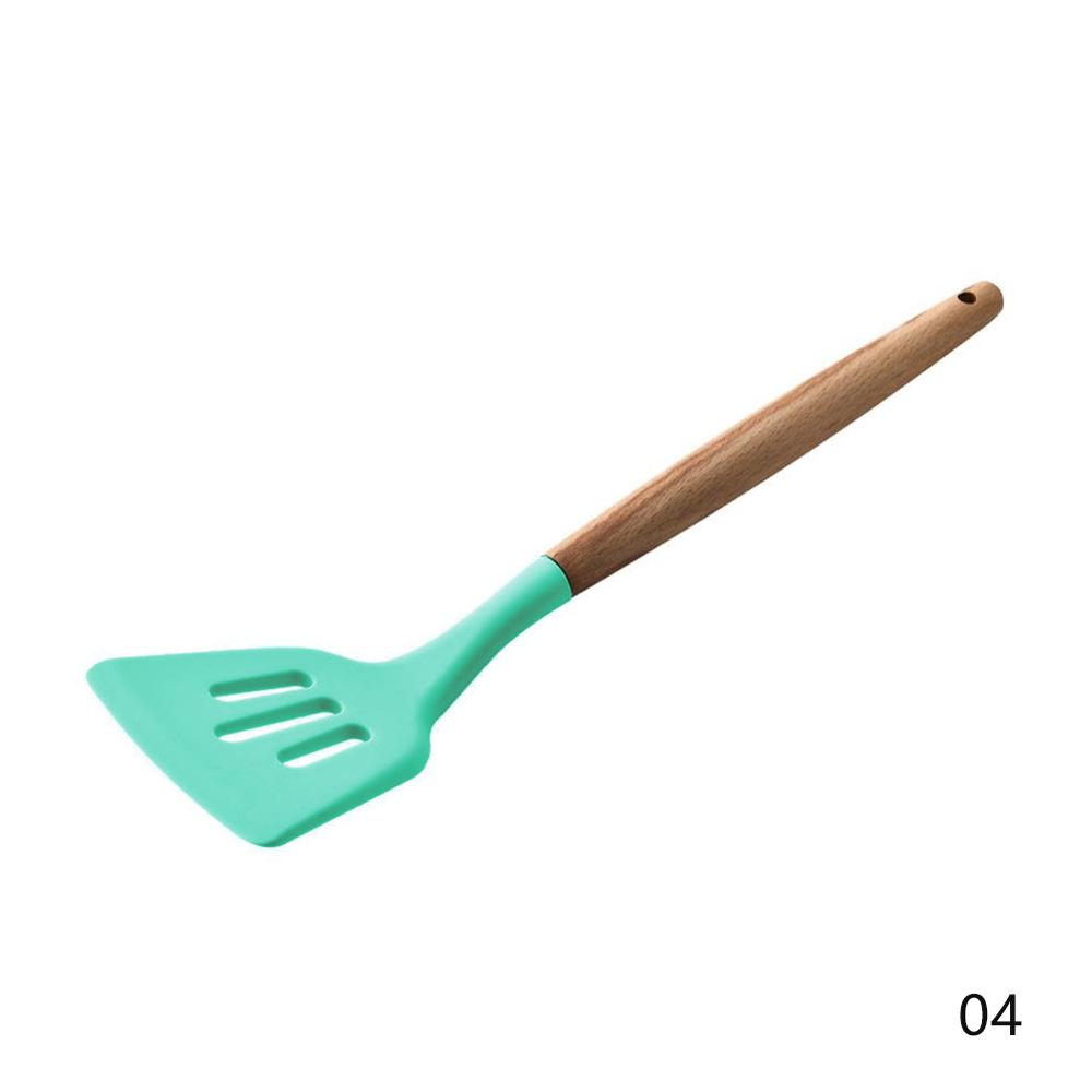 Wood Silicone Cooking Cake Utensils Natural Wood Handle Cooking Tools Turner Tongs Spoon Spatula Bakeware Kitchen Tools: Slotted Turner Green