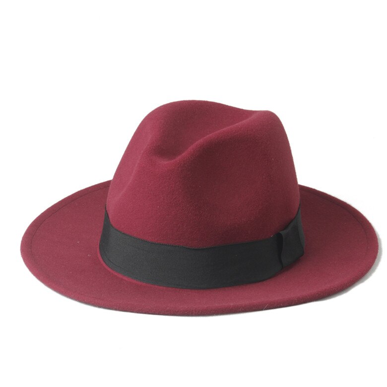 2 grote Maat 100% Wol Mannen Vilt Trilby Fedora Hoed Voor Gentleman Brede Rand Top Cloche Panama Sombrero Cap Maat 56-58, maat 59-61 CM: Wine red / 56-58CM