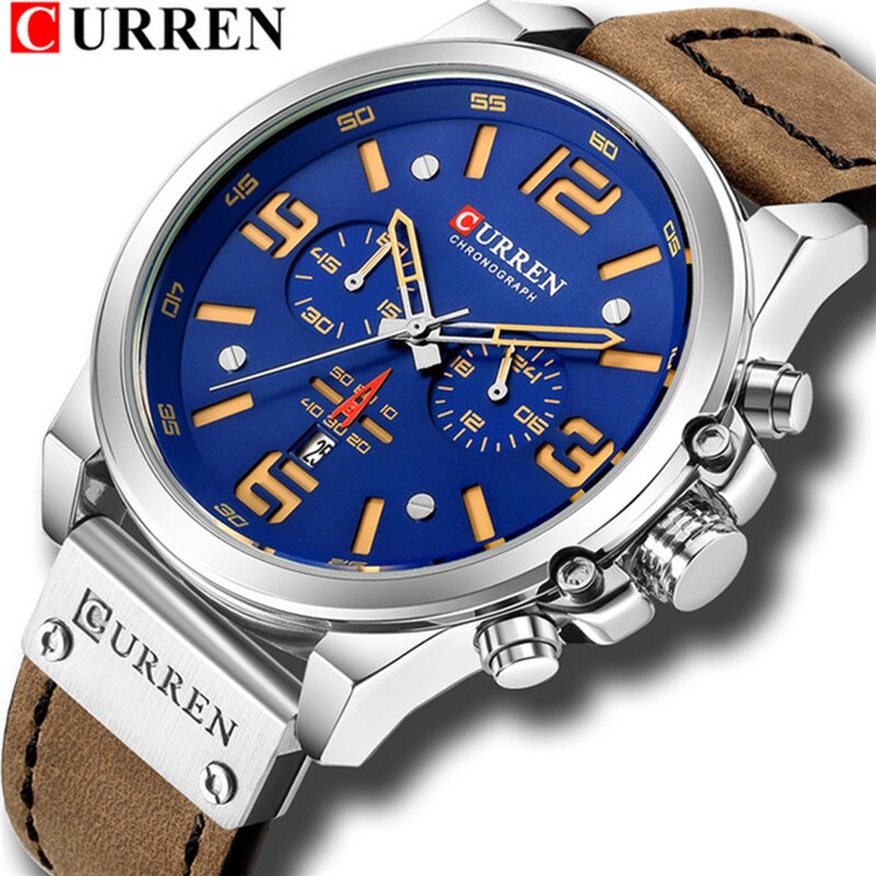 Curren Top Luxe Mannen Sport Horloge Waterdicht Lederen Band Quartz Klok Chronograaf Datum Horloge Relogio Masculino 8314: Brown Blue White