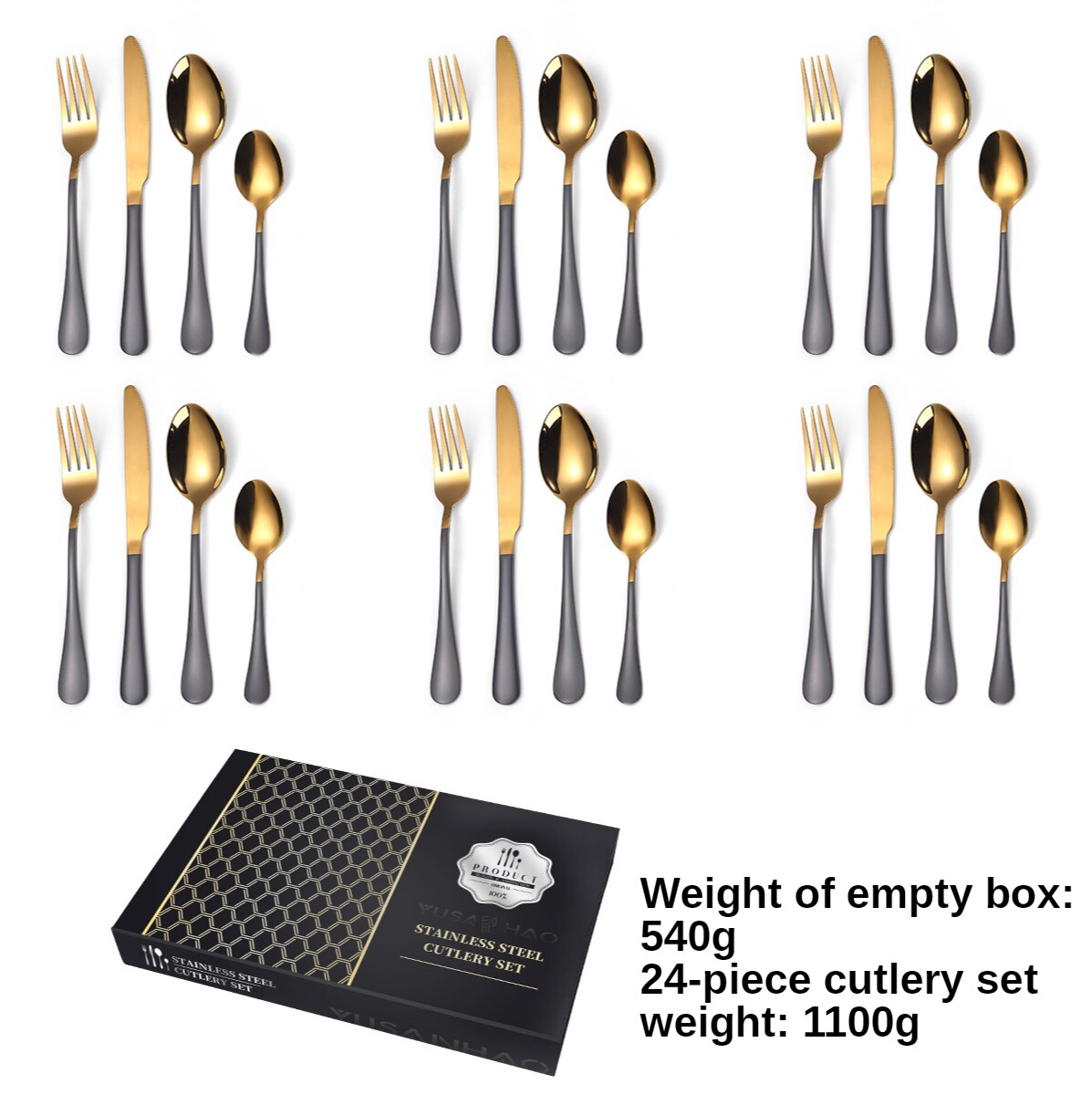 24 stk sort guld bordservice sæt gaffel ske kniv 18/10 rustfrit stål bestik sæt middagsstel sæt trækasse