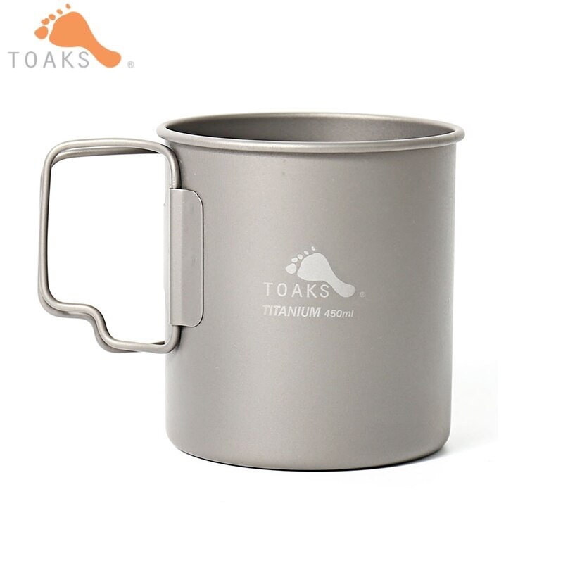TOAKS Pure Titanium Cup Ultralight Outdoor Mug without Lid and Foldable Handle Camping Tableware Folding Spoon 375ml 450ml