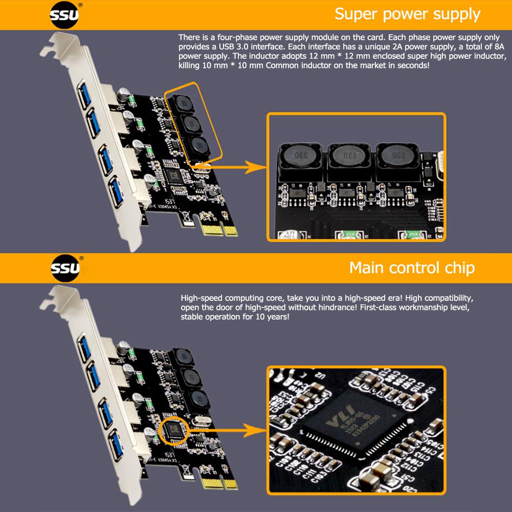 SSU U3V04S+ 4 Port USB 3.0 PCIe Expansion Card PCI Express USB Hub Adapter