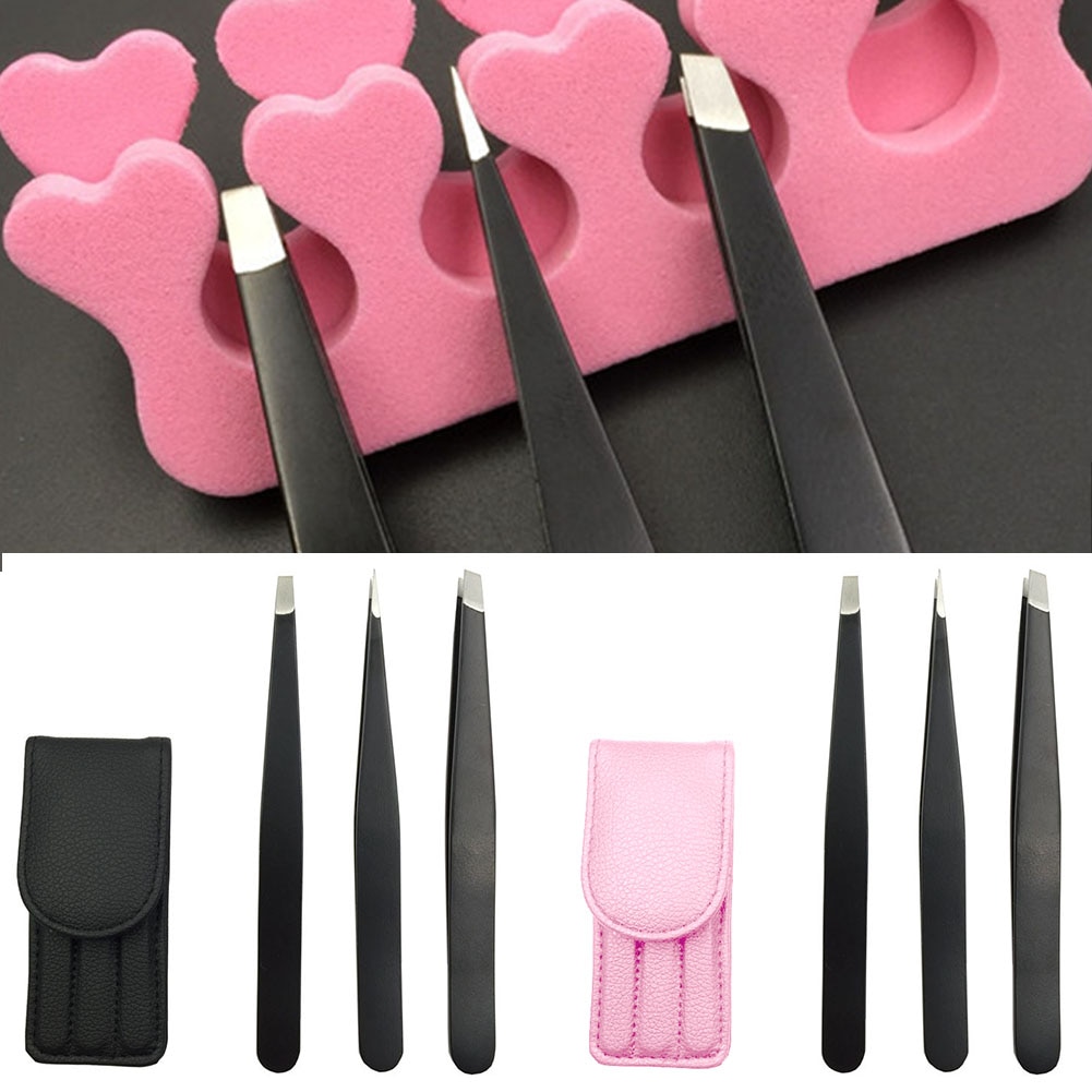 3pcs With Case Ingrown Hair Tip Tool Splinter Pincer Tweezer Set Makeup Eyebrow Removal Stainless Steel Small
