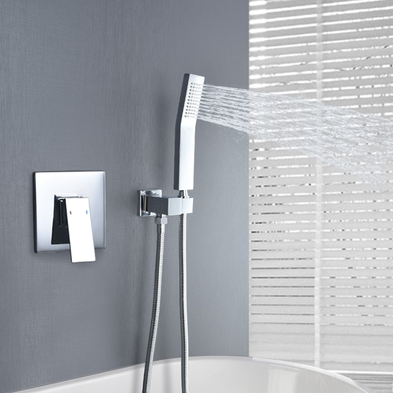 Square Solid Brass Hand Held Shower Head With Wall Connector and Hose Set Bathroom Concealed Valve Chrome Plating Shower Faucet