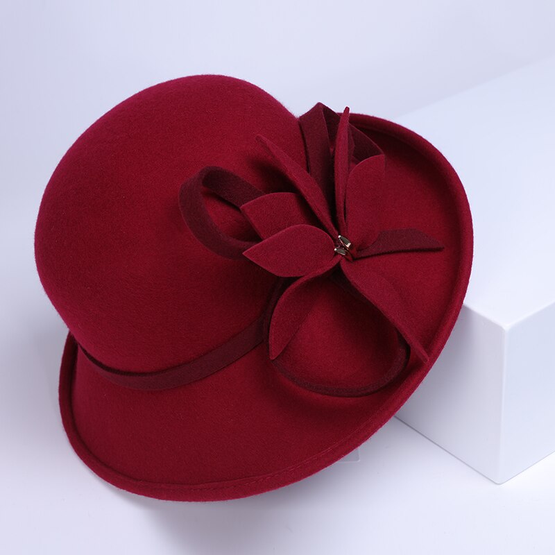 Wollen boothoed met platte bovenkant voor dames, vilten fedora met brede rand, dameshoed met vilten rand