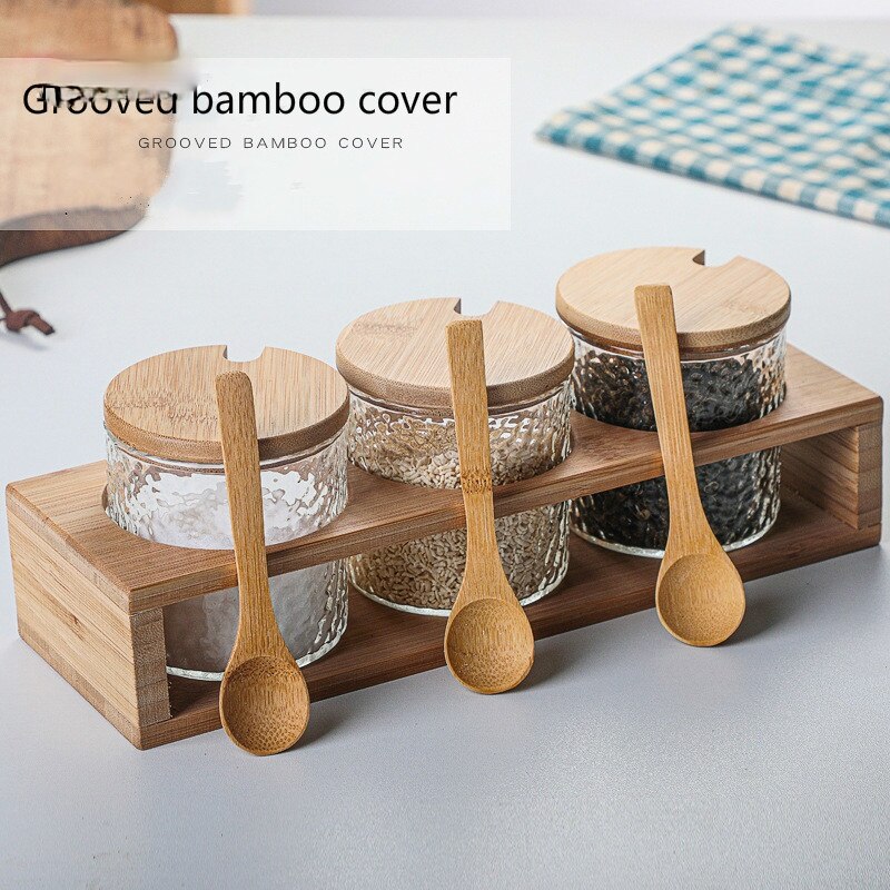 Hamer Glas, Bamboe En Hout Dressing Box Set Voor Huishoudelijke Keuken Zout Pot Kruiden Fles Container Set