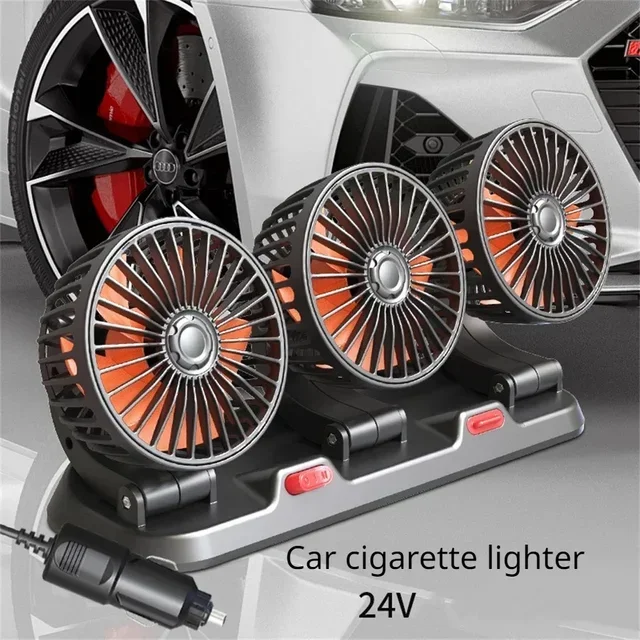 Ventilador de coche 360 ° Ventilador de aire ajustable de 3 cabezales, ventilador eléctrico automotriz, ventilador USB/12V/24V, ventilador silencioso de 2 velocidades para el hogar, escritorio, oficina y coche: Rojo
