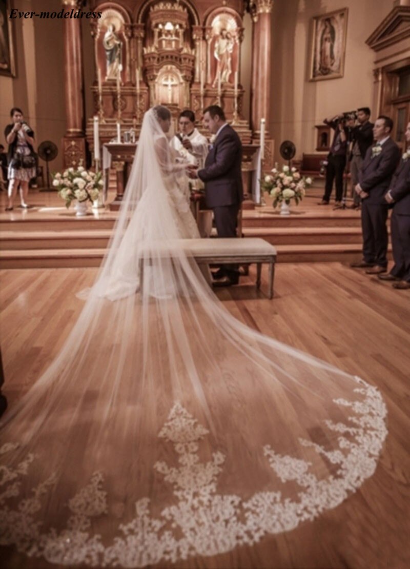 Voiles de mariée avec peigne, Appliques en dentelle, une couche, Long pour mariée, en Tulle, doux, accessoires de mariage, bon marché,