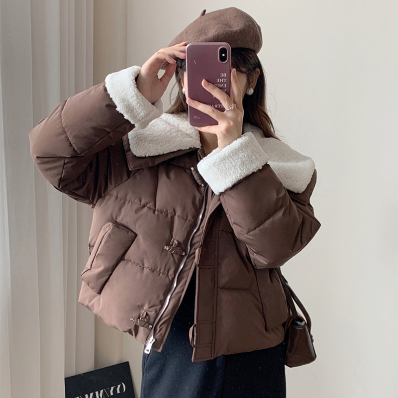 Chic Faux Lamb Wool Collar Parkas for Women Winter Mix Color Cotton Padded Jackets Woman Pockets Warm Parkas Female