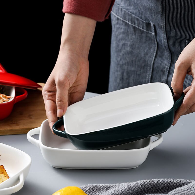 Rectangular ceramic baking dish with lid household binaural cheese baked rice dish bowl baking oven microwave oven