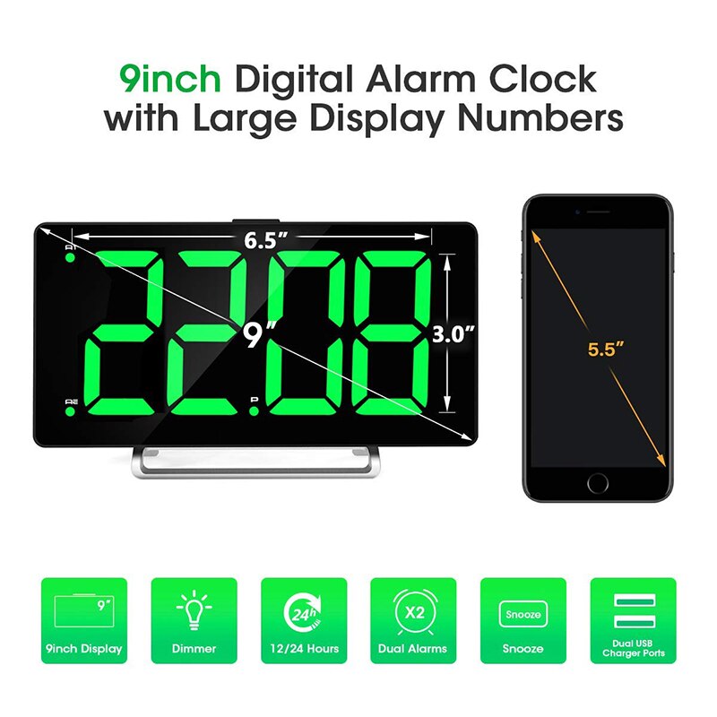 Large Alarm Clock 9 Inch LED Digital Display Dual Alarm with USB Charger Port 0-100 Dimmer for Seniors Simple Bedside Big Number