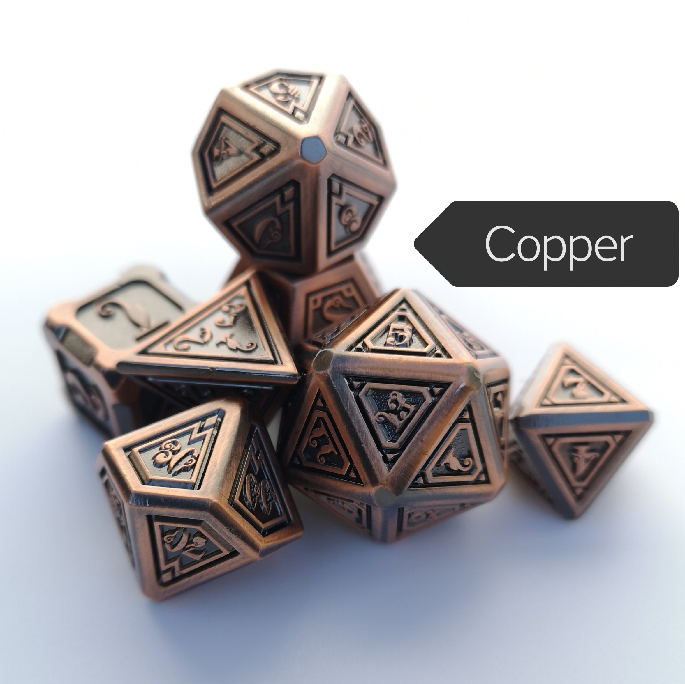 Rollooo DND Metal Dice Antique Copper 7-Die Set with Special Color & Font D4 D6 D8 D10 D% D12 D20 for Role Playing Games
