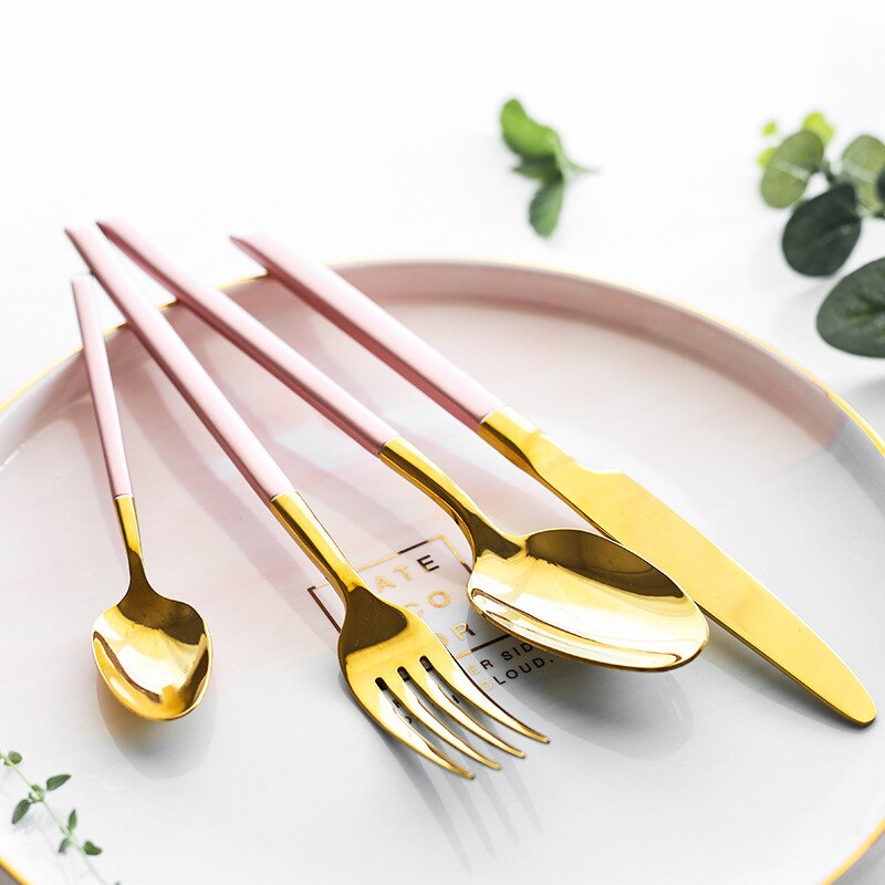 Gold Pink European Dinnerware Knife Spoon Fork 304 Stainless Steel Western Cutlery Kitchen Food Tableware Dinner Set