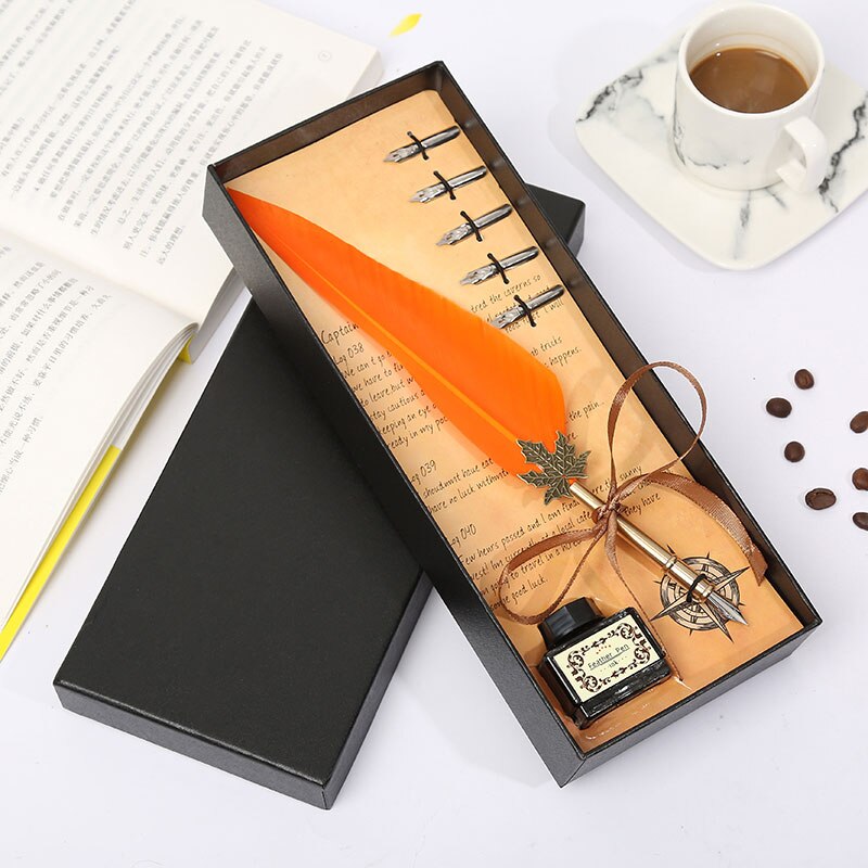 Retro Vintage Kalligrafie Veer Pen Schrijven Pen Briefpapier Geschenkdoos Bruiloft Student Briefpapier Set: Orange