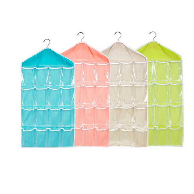 2 Packs 16 Pockets Sock Bra Underwear Hanging Organizer Tidy Rack Hanger Storage Door Bag for Bathroom Living Room Home Sundries: 2 pcs blue pink