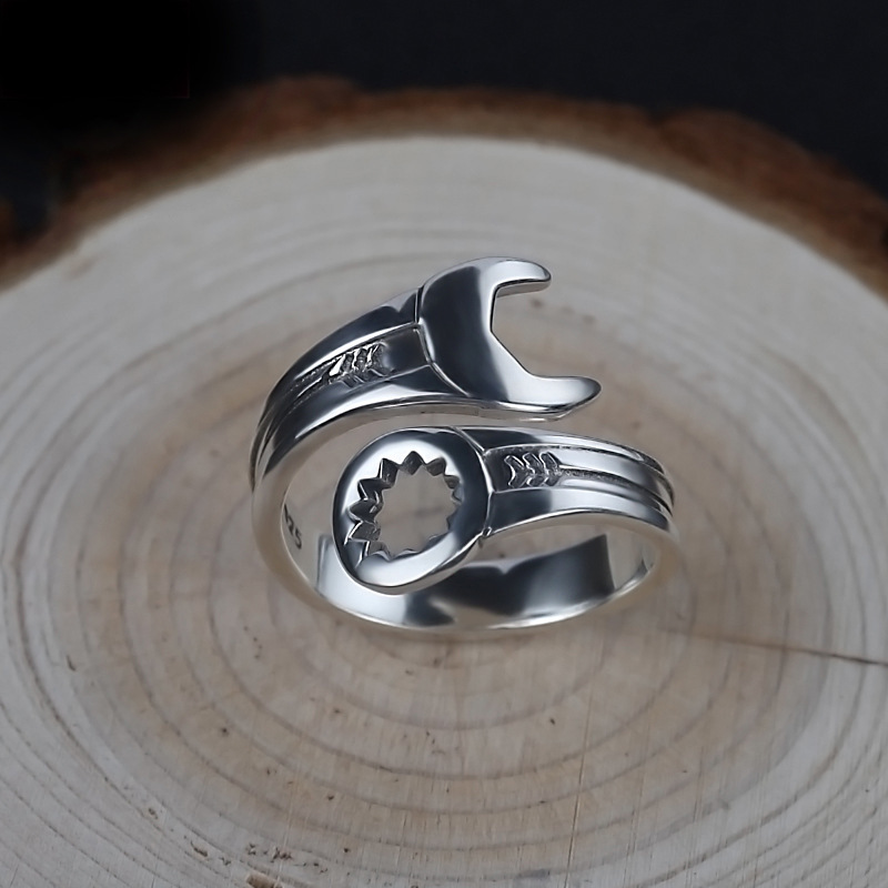 Anillo abierto de plata 925, llave inglesa Punk, geométrico, asimétrico, apilable para mujeres y hombres, joyería de ,