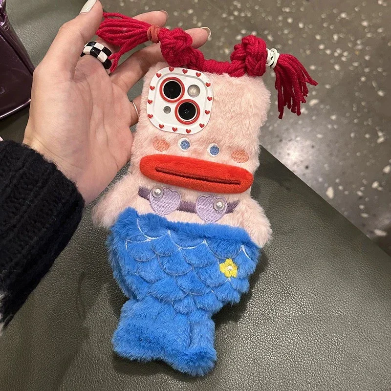 3D schattige pluche zeemeermin meisjes cadeau telefoonhoesje voor iPhone 15 14 13 Pro Max 12 11 X XR 6 7 8 plus winter pluizig haar zachte achterkant