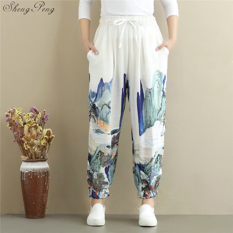 Pantalones chinos tradicionales de kung fu para mujer, ropa de lino para mujer, cintura elástica, cómoda, pierna ancha sólida V932