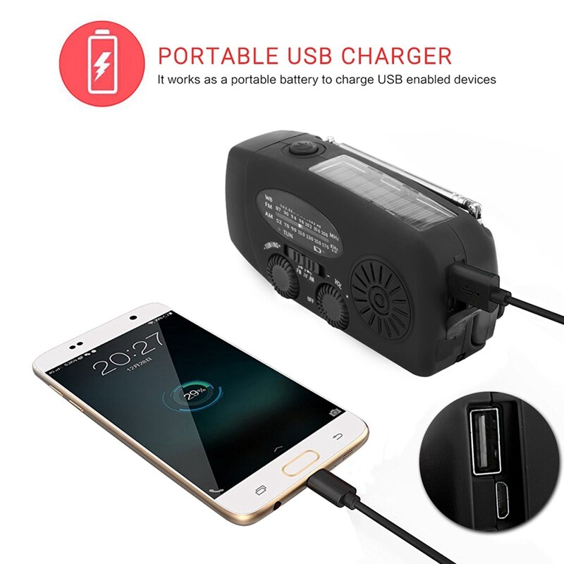 A+ multifunctionele handradio op zonne-energie, aangedreven door een dynamo, am/fm/noaa weerradio, noodzaklamp en powerbank